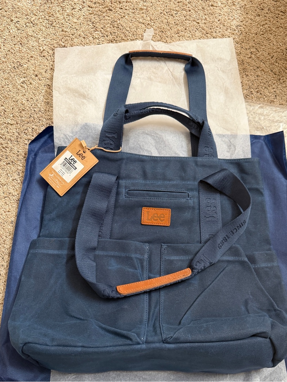 Lee Navy Canvas Messenger Tote with Tan Leather Accents